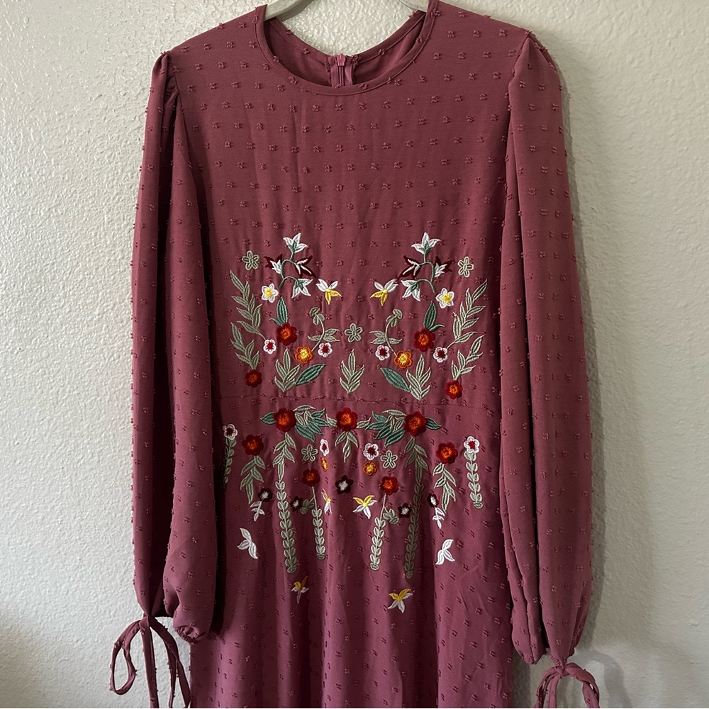SHEIN | EUC Blush Swiss Dot Embroidered Dress, Long Sleeve With Ties Size Medium